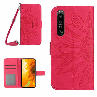 For Sony Xperia 1 V HT04 Skin Feel Sun Flower Embossed Flip Leather Phone Case with Lanyard(Rose Red) - Sony Cases by buy2fix | Online Shopping UK | buy2fix