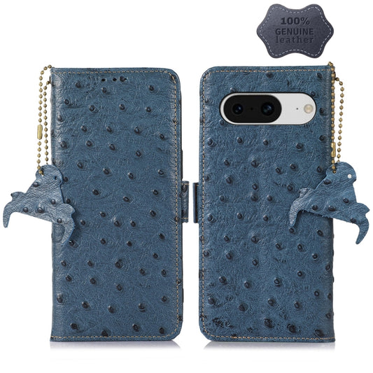 For Google Pixel 8 Ostrich Pattern Genuine Leather RFID Phone Case(Blue) - Google Cases by buy2fix | Online Shopping UK | buy2fix