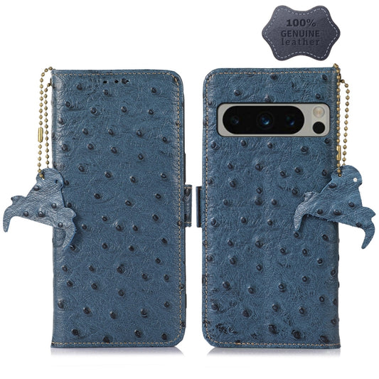 For Google Pixel 8 Pro Ostrich Pattern Genuine Leather RFID Phone Case(Blue) - Google Cases by buy2fix | Online Shopping UK | buy2fix