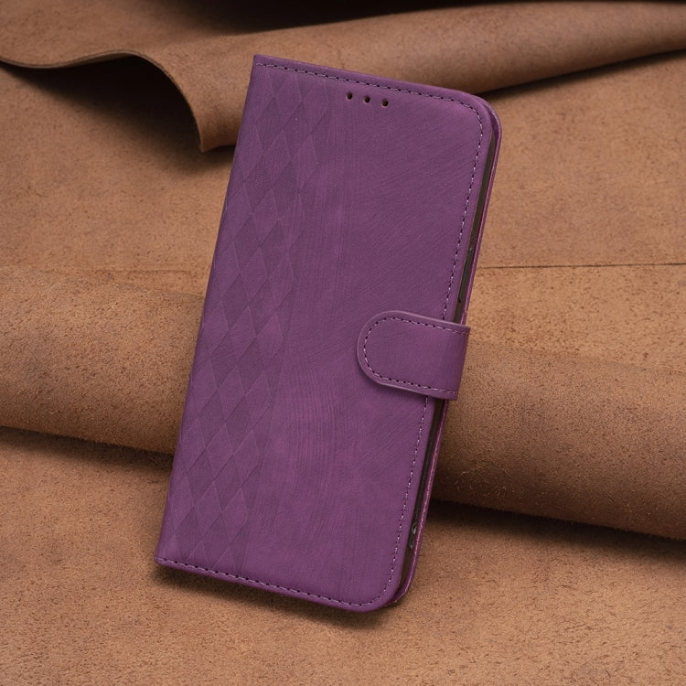 For iPhone 13 Plaid Embossed Leather Phone Case(Purple) - iPhone 13 Cases by buy2fix | Online Shopping UK | buy2fix