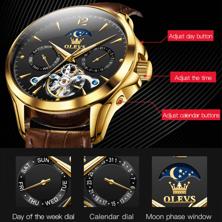 OLEVS 6663 Men Multifunctional Waterproof Hollow Leather Strap Mechanical Watch(Black + Brown) - Leather Strap Watches by buy2fix | Online Shopping UK | buy2fix