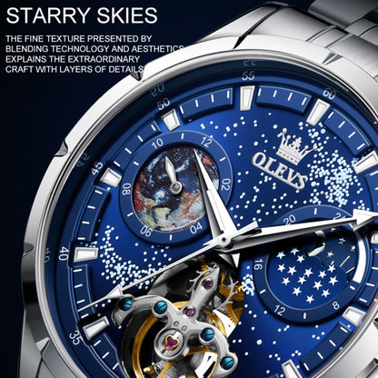 OLEVS 6671 Men Luminous Waterproof Hollow Steel Strap Mechanical Watch(Blue) - Metal Strap Watches by OLEVS | Online Shopping UK | buy2fix