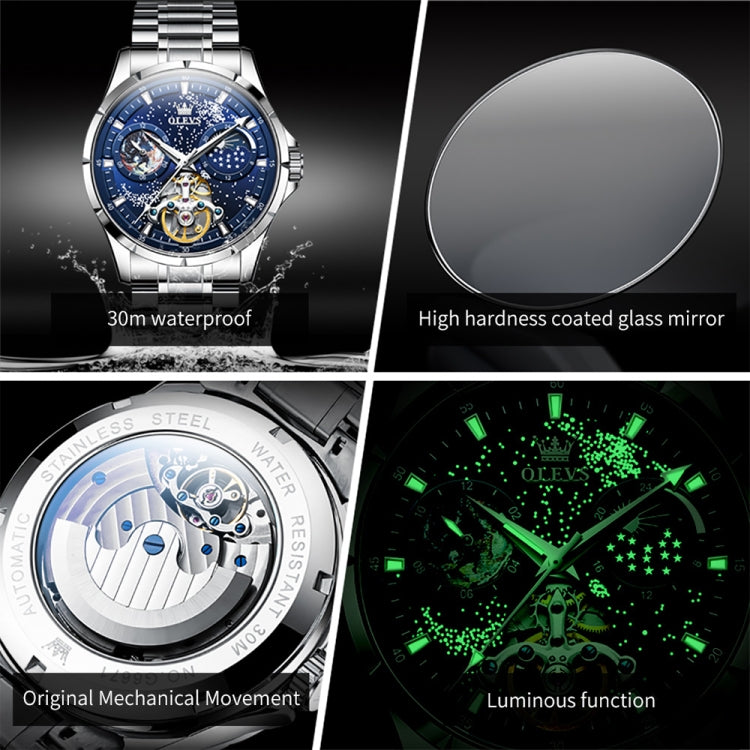 OLEVS 6671 Men Luminous Waterproof Hollow Steel Strap Mechanical Watch(Blue) - Metal Strap Watches by OLEVS | Online Shopping UK | buy2fix