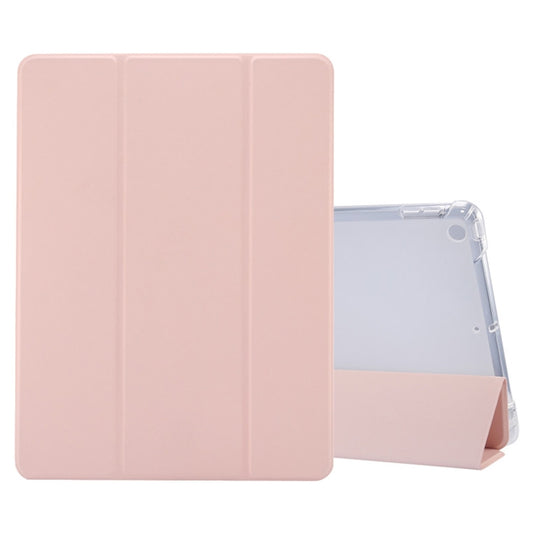 For iPad 10.2 2021 / 2020 / 2019 3-folding Electric Pressed Skin Texture Horizontal Flip Shockproof Transparent TPU + PU Leather Case with Holder & Pen Slot & Sleep / Wake-up Function(Light Pink) - Apple Accessories by buy2fix | Online Shopping UK | buy2fix