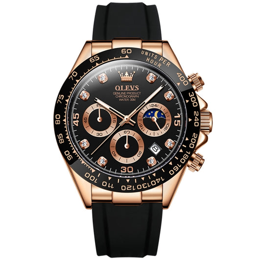 OLEVS 2875 Men Multifunctional Sports Chronograph Waterproof Quartz Watch(Black + Rose Gold) - Silicone Strap Watches by OLEVS | Online Shopping UK | buy2fix