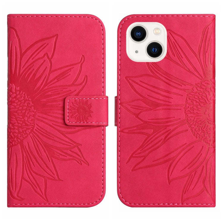 For iPhone 15 Plus Skin Feel Sun Flower Embossed Flip Leather Phone Case with Lanyard(Rose Red) - iPhone 15 Plus Cases by buy2fix | Online Shopping UK | buy2fix