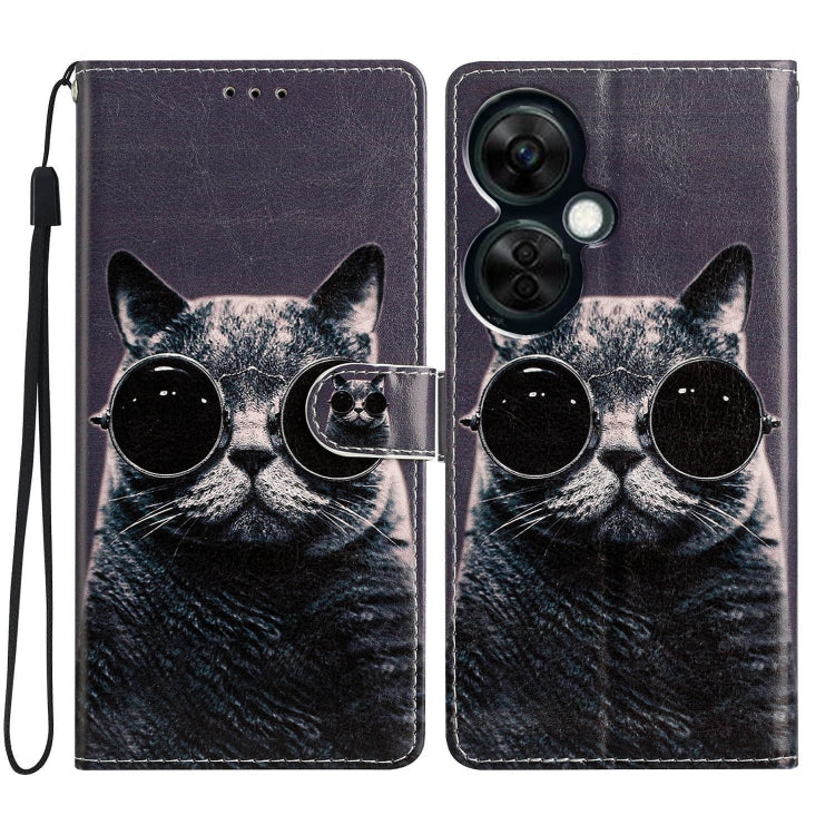 For OnePlus Nord CE 3 Lite 5G Colored Drawing Leather Phone Case(Sunglasses Cat) - OnePlus Cases by buy2fix | Online Shopping UK | buy2fix