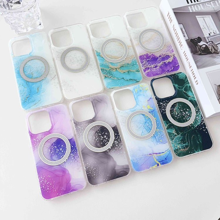 For iPhone 15 Plus Dual-side IMD Marble Magsafe Phone Case(White Purple) - iPhone 15 Plus Cases by buy2fix | Online Shopping UK | buy2fix