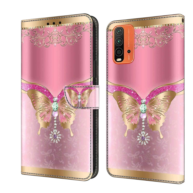 For Xiaomi Redmi 9T Crystal 3D Shockproof Protective Leather Phone Case(Pink Bottom Butterfly) - Xiaomi Cases by buy2fix | Online Shopping UK | buy2fix