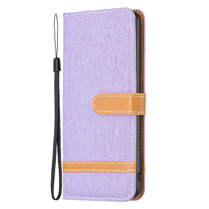 For iPhone 15 Pro Color Block Denim Texture Leather Phone Case(Purple) - iPhone 15 Pro Cases by buy2fix | Online Shopping UK | buy2fix