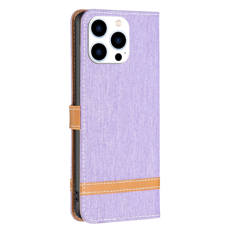 For iPhone 15 Pro Color Block Denim Texture Leather Phone Case(Purple) - iPhone 15 Pro Cases by buy2fix | Online Shopping UK | buy2fix