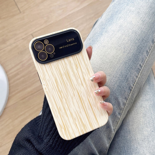 For iPhone 14 Pro Wood Grain TPU Phone Case with Lens Film(Beige) - iPhone 14 Pro Cases by buy2fix | Online Shopping UK | buy2fix