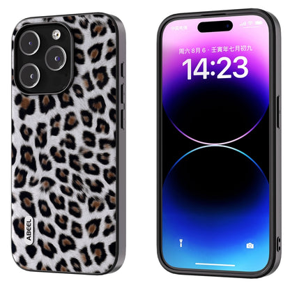 For iPhone 15 Pro Max ABEEL Black Edge Leopard Phone Case(Silver Leopard) - iPhone 15 Pro Max Cases by buy2fix | Online Shopping UK | buy2fix