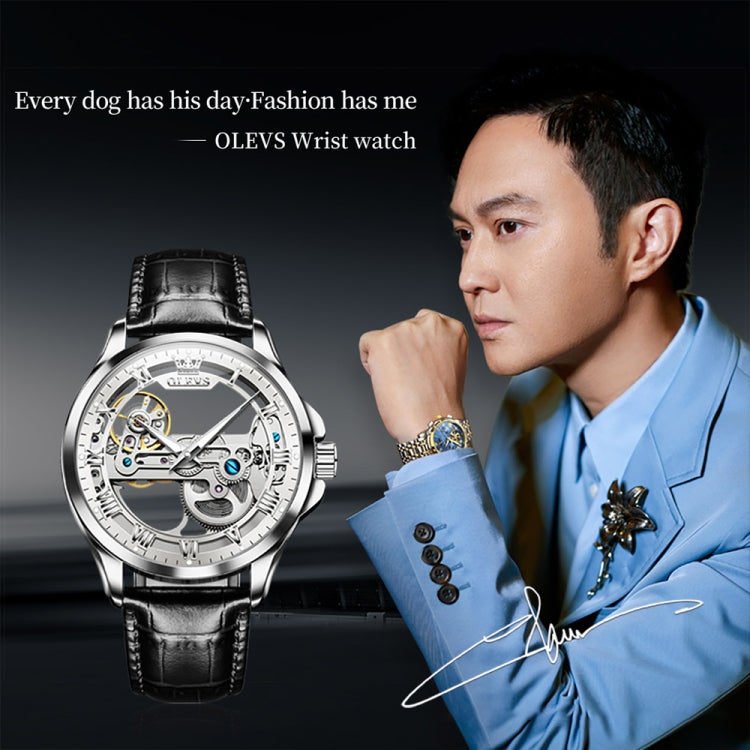 OLEVS 6661 Men Fashion Luminous Waterproof Mechanical Watch(White + Silver) - Leather Strap Watches by OLEVS | Online Shopping UK | buy2fix