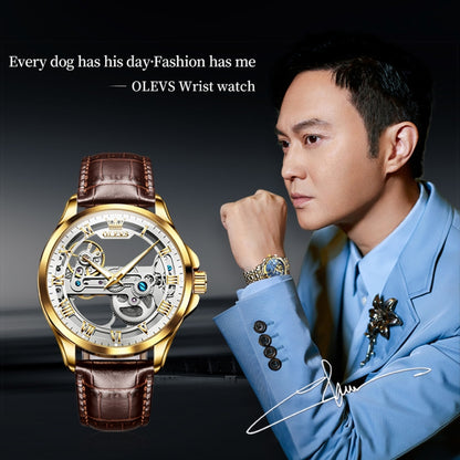 OLEVS 6661 Men Fashion Luminous Waterproof Mechanical Watch(White + Gold) - Leather Strap Watches by OLEVS | Online Shopping UK | buy2fix