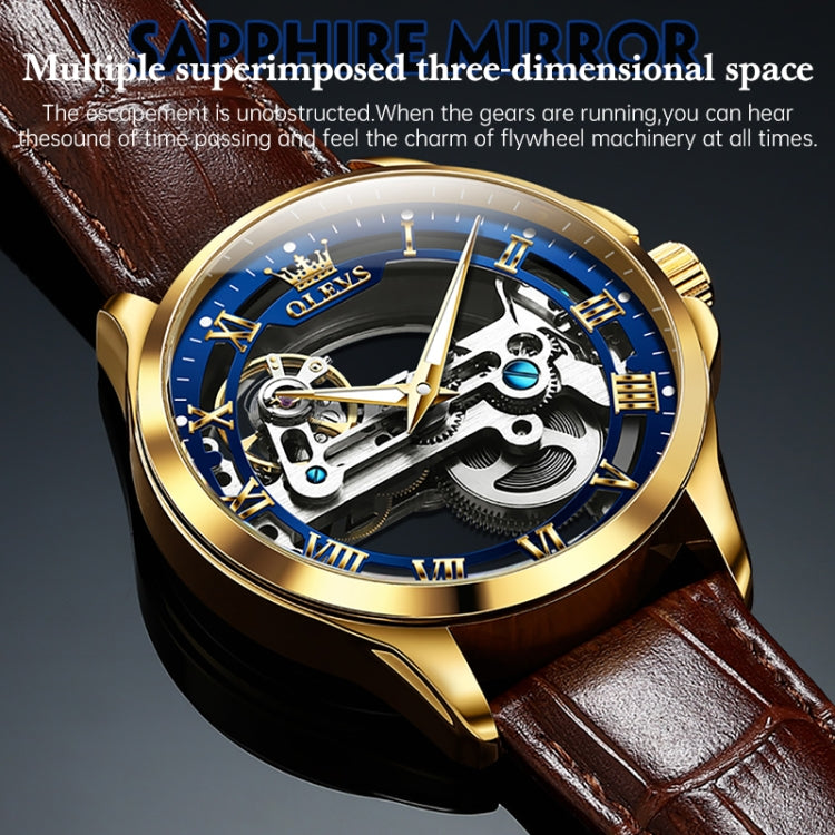 OLEVS 6661 Men Fashion Luminous Waterproof Mechanical Watch(Blue + Gold) - Leather Strap Watches by OLEVS | Online Shopping UK | buy2fix