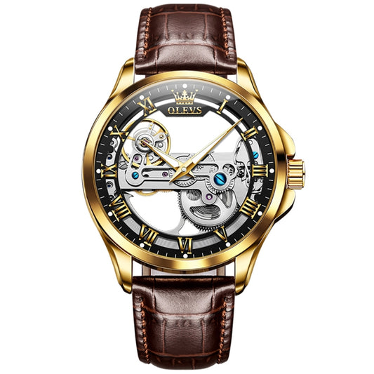 OLEVS 6661 Men Fashion Luminous Waterproof Mechanical Watch(Black + Gold) - Leather Strap Watches by OLEVS | Online Shopping UK | buy2fix