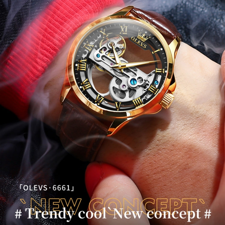 OLEVS 6661 Men Fashion Luminous Waterproof Mechanical Watch(Black + Gold) - Leather Strap Watches by OLEVS | Online Shopping UK | buy2fix