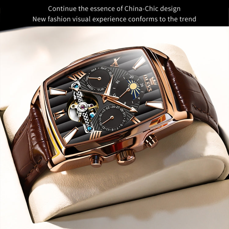 OLEVS 6675 Men Multifunctional Moon Phase Tourbillon Mechanical Watch(Black + Rose Gold) - Leather Strap Watches by OLEVS | Online Shopping UK | buy2fix