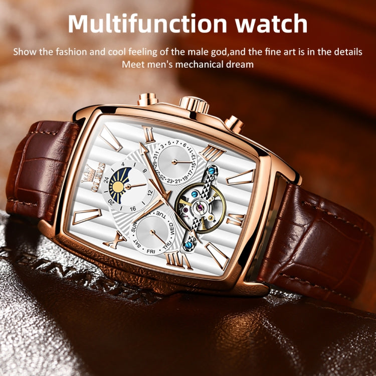 OLEVS 6675 Men Multifunctional Moon Phase Tourbillon Mechanical Watch(White + Rose Gold) - Leather Strap Watches by OLEVS | Online Shopping UK | buy2fix