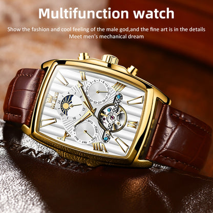 OLEVS 6675 Men Multifunctional Moon Phase Tourbillon Mechanical Watch(White + Gold) - Leather Strap Watches by OLEVS | Online Shopping UK | buy2fix