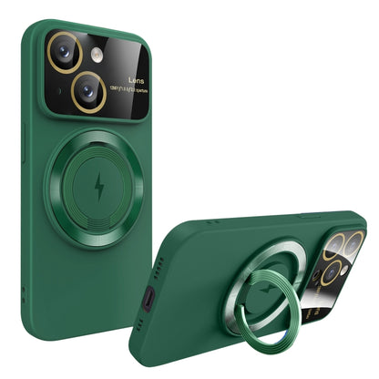For iPhone 15 Plus Large Window MagSafe Magnetic Holder Phone Case(Dark Green) - iPhone 15 Plus Cases by buy2fix | Online Shopping UK | buy2fix