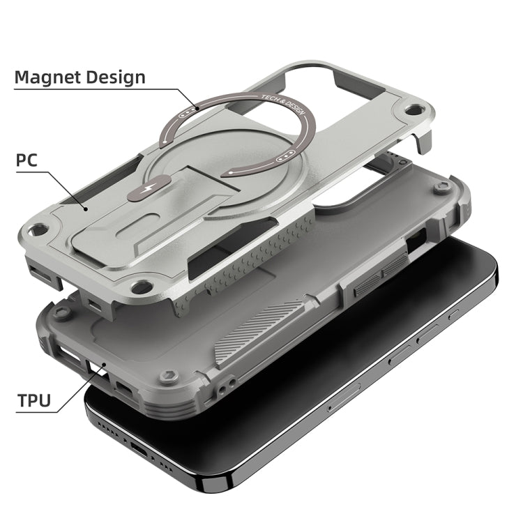 For iPhone 14 Pro Max MagSafe Holder Armor PC Hybrid TPU Phone Case(Grey) - iPhone 14 Pro Max Cases by buy2fix | Online Shopping UK | buy2fix