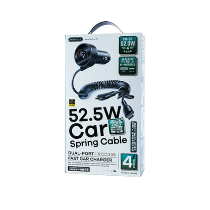 REMAX RCC336 Saga Series 2 in 1 Car 52.5W PD Fast Charger with USB-C / Type-C + 8 Pin Spring Cable - Car Charger by REMAX | Online Shopping UK | buy2fix