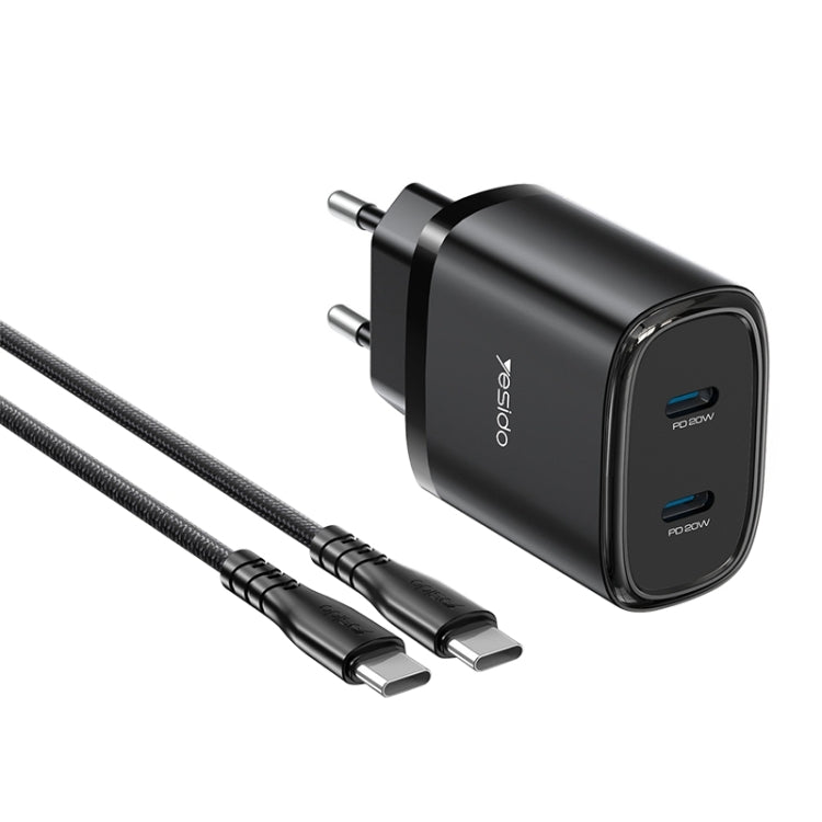 Yesido YC56 Dual USB-C / Type-C Travel Charger with 1m USB-C / Type-C to USB-C / Type-C Cable, EU Plug (Black) - USB Charger by Yesido | Online Shopping UK | buy2fix