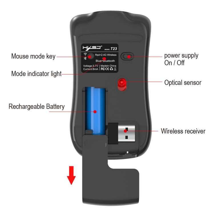 HXSJ T23 Bluetooth + 2.4GHz Wireless Dual Modes 4-Keys 1600 DPI Adjustable Ergonomics Optical Mouse - Wireless Mice by HXSJ | Online Shopping UK | buy2fix