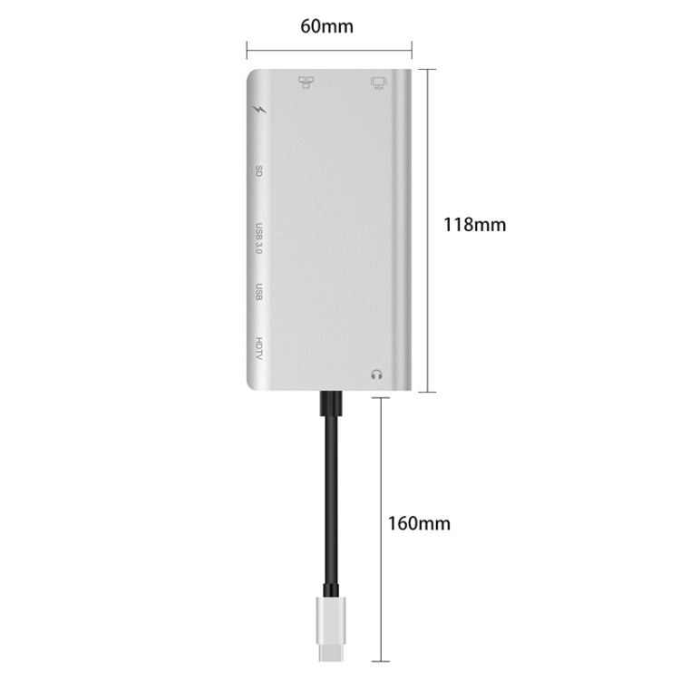 Onten 9591BD 8 in 1 USB-C / Type-C to PD USB-C / Type-C Charging + 100M Ethernet Port + Dual USB 3.0 + HDMI + VGA + SD Card Slot + 3.5mm AUX HUB (Silver) - USB HUB by Onten | Online Shopping UK | buy2fix