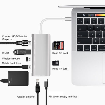 9591C 8 In 1 USB 3.0 x3 + SD / TF Card + HDMI + RJ45 + Type-C / USB-C (PD) Multi-function HUB Converter Dock Station(Silver) - Computer & Networking by buy2fix | Online Shopping UK | buy2fix