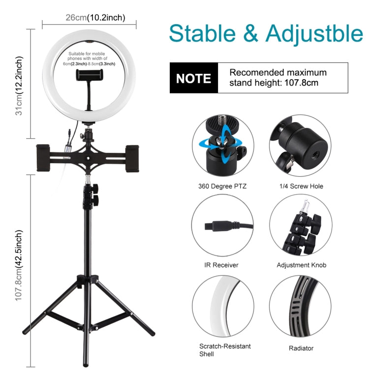 PULUZ 10.2 inch 26cm Curved Surface RGBW LED Ring Light + 1.1m Tripod Mount + Dual Phone Brackets Horizontal Holder + Vlogging Video Light  Live Broadcast Kits with Remote Control & Phone Clamp(Black) - Ring Light by PULUZ | Online Shopping UK | buy2fix