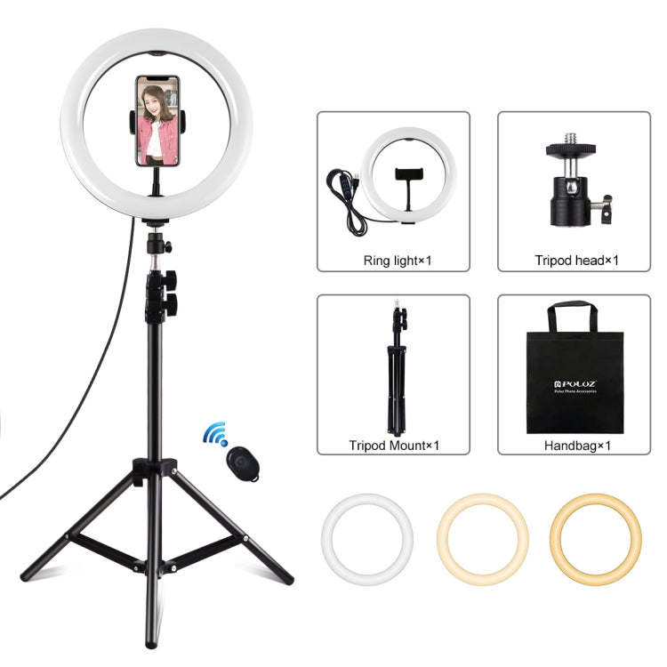 PULUZ 10.2 inch 26cm Ring Light + 1.1m Tripod Mount USB 3 Modes Dimmable Dual Color Temperature LED Curved Diffuse Light Vlogging Selfie Photography Video Lights with Phone Clamp & Selfie Remote Control(Black) - Ring Light by PULUZ | Online Shopping UK | buy2fix