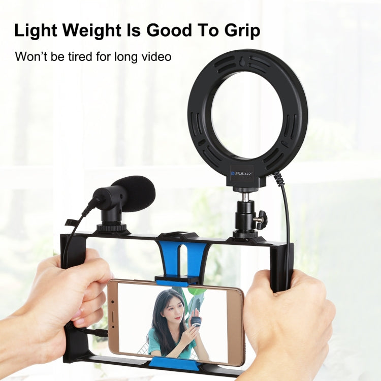 PULUZ 4 in 1 Vlogging Live Broadcast Smartphone Video Rig + 4.7 inch 12cm RGBW Ring LED Selfie Light + Microphone + Pocket Tripod Mount Kits with Cold Shoe Tripod Head(Blue) - Camera Accessories by PULUZ | Online Shopping UK | buy2fix