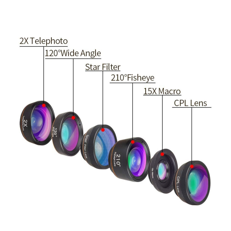 APEXEL APL-DG6V2 6 in 1 Universal External 2X Telephone+210 Degrees Fisheye+15X Macro+120 degree Wide-angle+CPL+Star Filter Lens - Combination Lens by APEXEL | Online Shopping UK | buy2fix