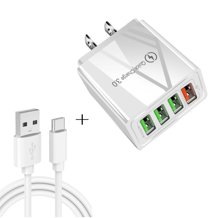 2 in 1 USB to USB-C / Type-C Data Cable + 30W QC 3.0 4 USB Interfaces Mobile Phone Tablet PC Universal Quick Charger Travel Charger Set, US Plug(White) - Mobile Accessories by buy2fix | Online Shopping UK | buy2fix