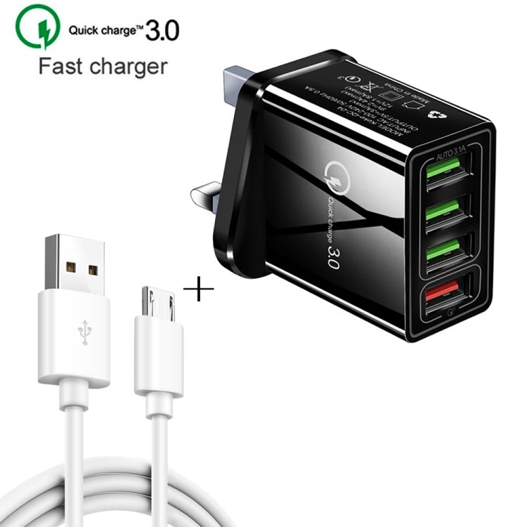 2 in 1 1m USB to Micro USB Data Cable + 30W QC 3.0 4 USB Interfaces Mobile Phone Tablet PC Universal Quick Charger Travel Charger Set, UK Plug(White) - Mobile Accessories by buy2fix | Online Shopping UK | buy2fix