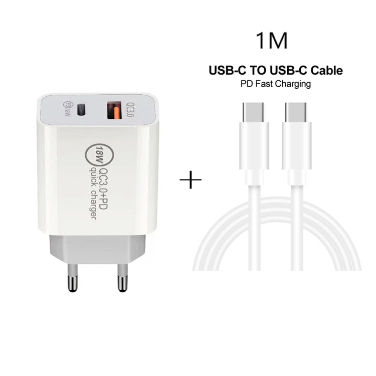 SDC-18W 18W PD 3.0 Type-C / USB-C + QC 3.0 USB Dual Fast Charging Universal Travel Charger with Type-C / USB-C to Type-C / USB-C Fast Charging Data Cable, EU Plug - Mobile Accessories by buy2fix | Online Shopping UK | buy2fix