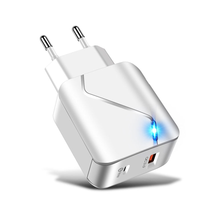LZ-819A+C 18W QC3.0 USB + PD USB-C / Type-C Interface Travel Charger with Indicator Light + USB to USB-C / Type-C Fast Charging Data Cable Set, EU Plug(White) - Mobile Accessories by buy2fix | Online Shopping UK | buy2fix