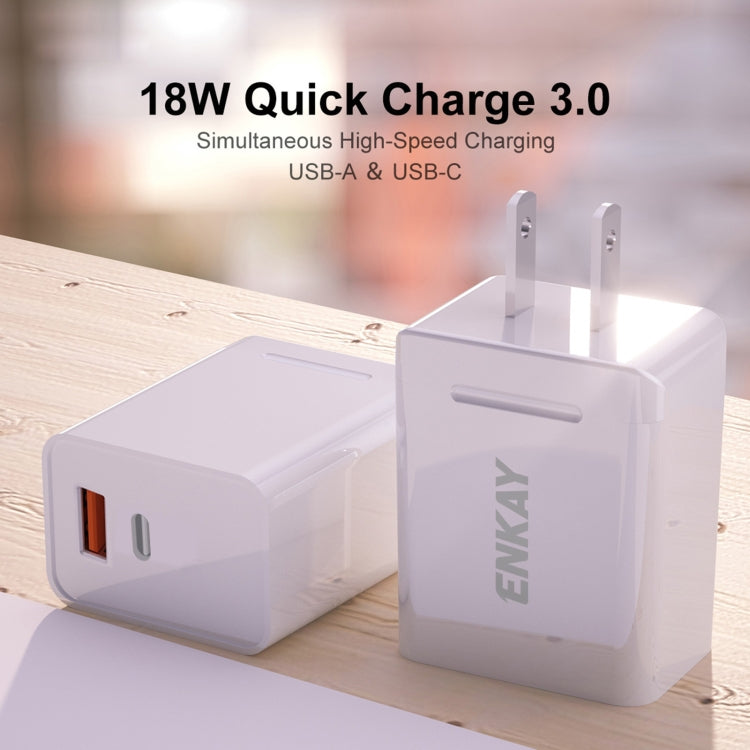 ENKAY Hat-Prince U033 18W 3A PD + QC3.0 Dual USB Fast Charging Power Adapter US Plug Portable Travel Charger With 1m 3A Type-C Cable - USB Charger by ENKAY | Online Shopping UK | buy2fix