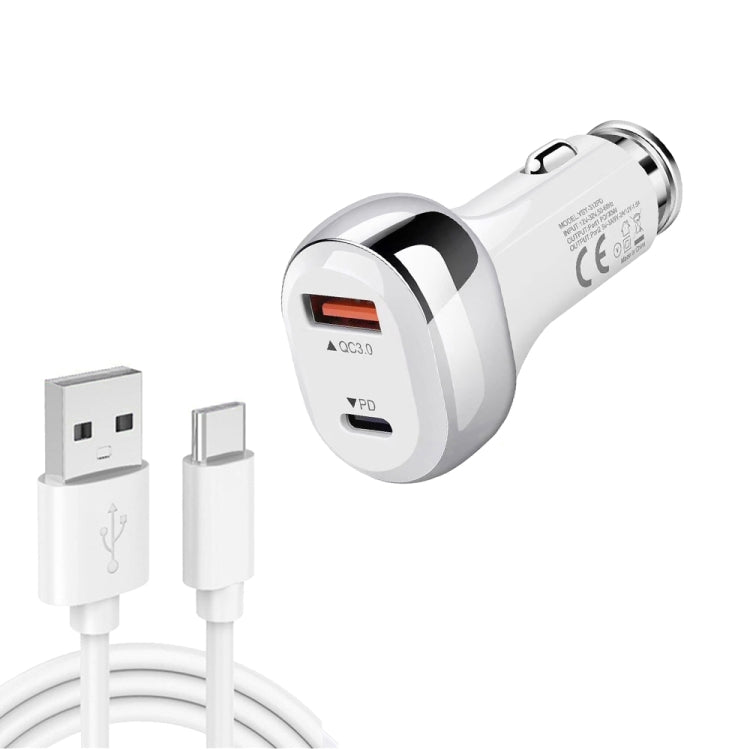 YSY-312PD QC3.0 18W USB + PD 20W USB-C / Type-C Car Charger with USB to USB-C / Type-C Data Cable(White) - In Car by buy2fix | Online Shopping UK | buy2fix