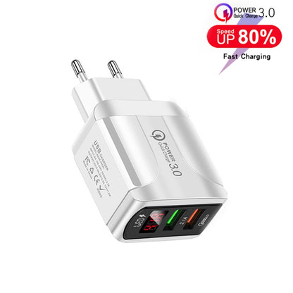 F002C QC3.0 USB + USB 2.0 LED Digital Display Fast Charger with USB to 8 Pin Data Cable, EU Plug(White) - Apple Accessories by buy2fix | Online Shopping UK | buy2fix