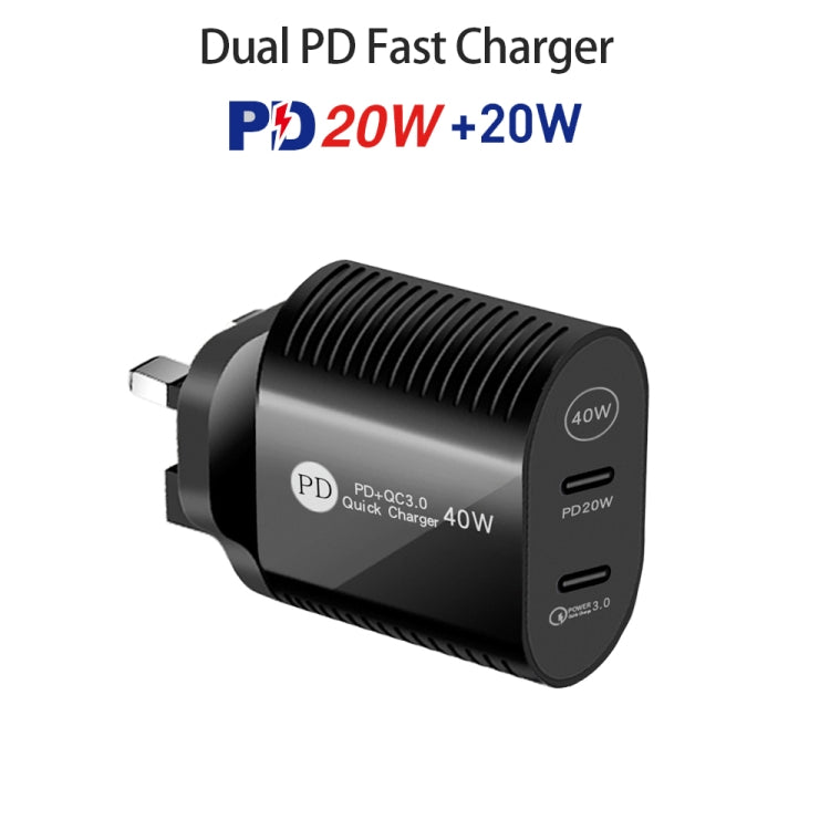 40W Dual Port PD / Type-C Fast Charger with Type-C to 8 Pin Data Cable, UK Plug(Black) - Apple Accessories by buy2fix | Online Shopping UK | buy2fix