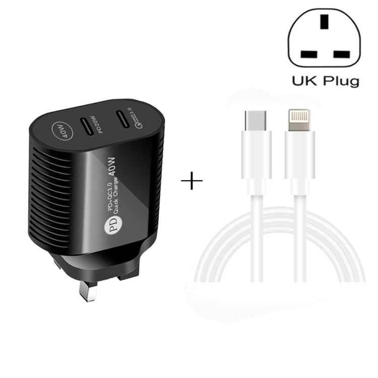 40W Dual Port PD / Type-C Fast Charger with Type-C to 8 Pin Data Cable, UK Plug(Black) - Apple Accessories by buy2fix | Online Shopping UK | buy2fix