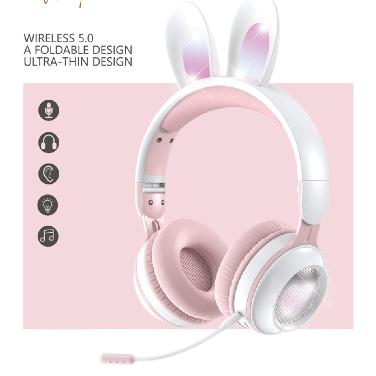 KE-01 Rabbit Ear Wireless Bluetooth 5.0 Stereo Music Foldable Headset with Mic For PC(White Pink) - Headset & Headphone by buy2fix | Online Shopping UK | buy2fix