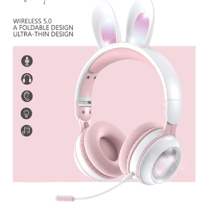 KE-01 Rabbit Ear Wireless Bluetooth 5.0 Stereo Music Foldable Headset with Mic For PC(White Pink) - Headset & Headphone by buy2fix | Online Shopping UK | buy2fix