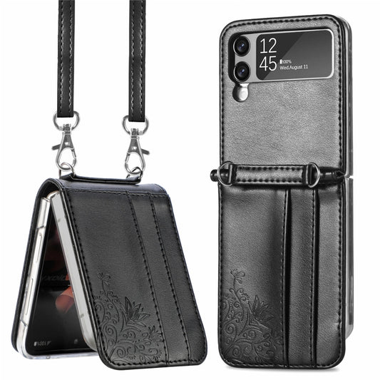 For Samsung Galaxy Z Flip 3 5G Diagonal Lanyard Embossed Card Phone Case(Black) - Samsung Accessories by buy2fix | Online Shopping UK | buy2fix