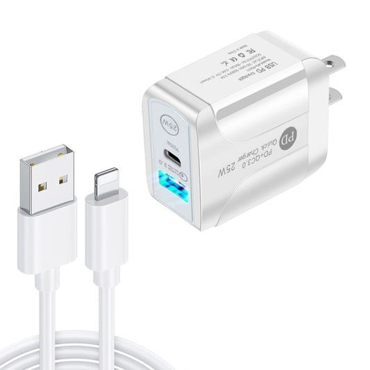 PD25W USB-C / Type-C + QC3.0 USB Dual Ports Fast Charger with USB to 8 Pin Data Cable, US Plug(White) - USB Charger by buy2fix | Online Shopping UK | buy2fix