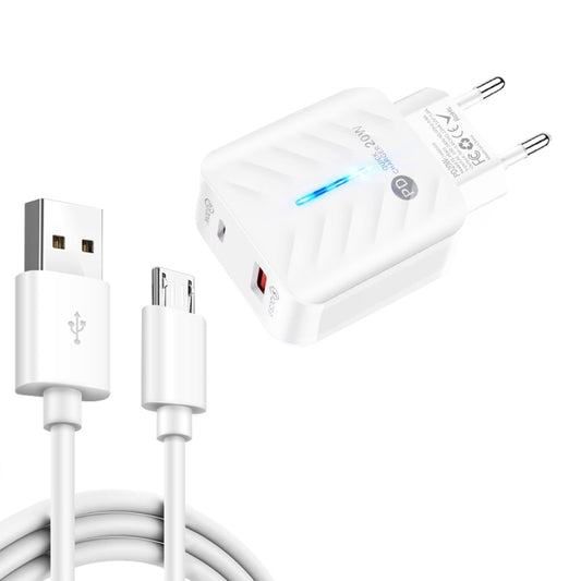 PD03 20W PD3.0 + QC3.0 USB Charger with USB to Micro USB Data Cable, EU Plug(White) - Mobile Accessories by buy2fix | Online Shopping UK | buy2fix